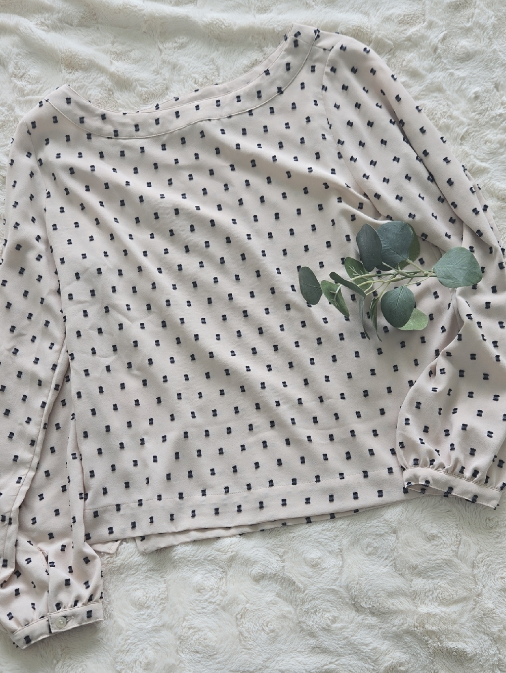 Cream Polka Dot Long-Sleeve Boatneck Top